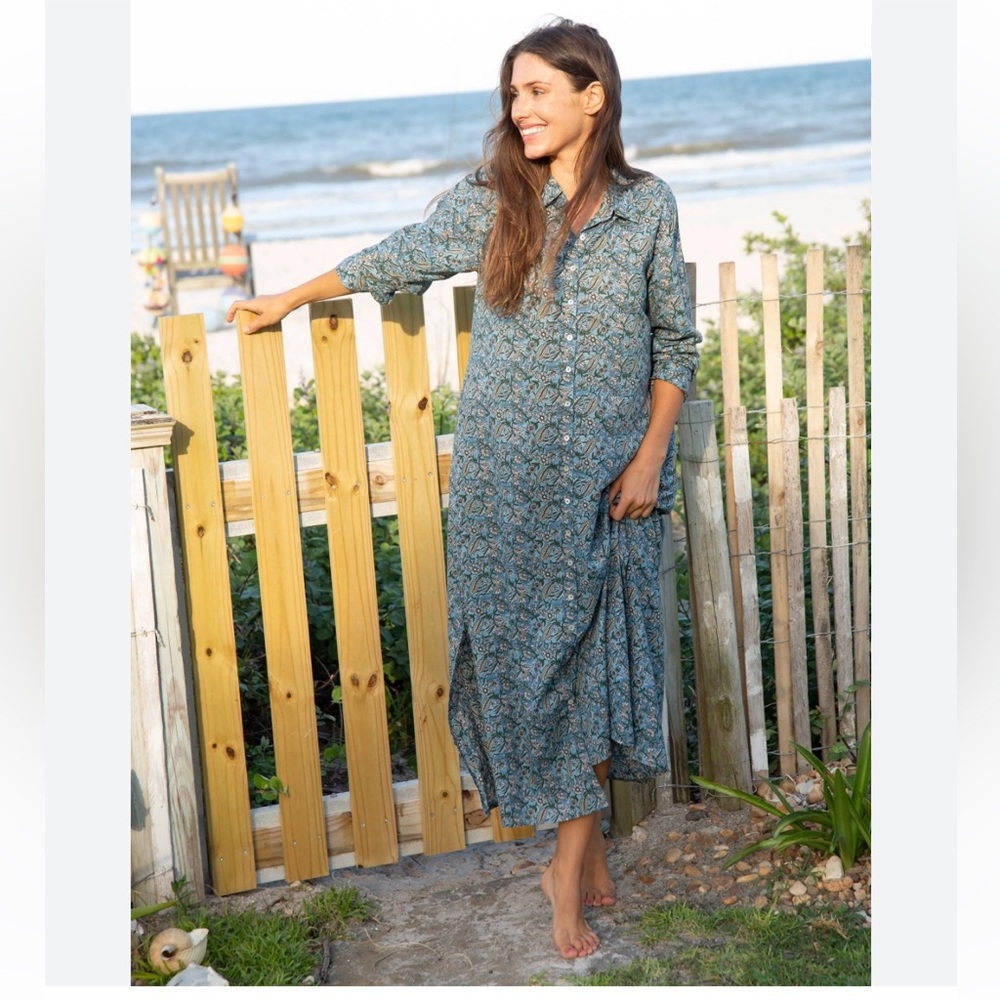 Natural Life Drew Cotton Shirt Dress Floral Size Medium Blue Green‎ Pink Maxi